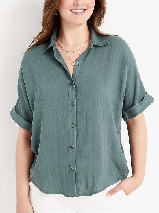 Maurices Tops - Maurices Short Sleeve Button Up Blouse Rolled Sleeve Green NWT